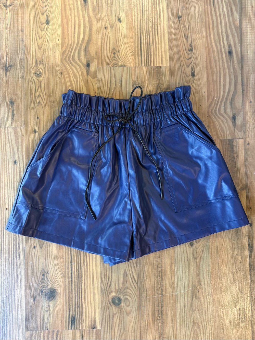 Women's Faux Leather Purple Paperbag Waist Shorts